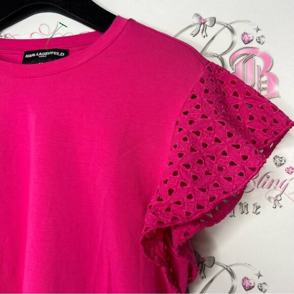Karl lagerfeld tshirt crochet shoulder detail fuschia pink soft stretchy boho - Picture 3 of 9